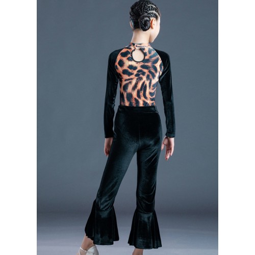 Girls kids black velvet leopard printed latin dance dresses modern ballroom latin dance tops and pants for children